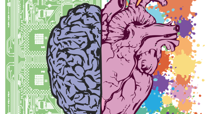 Implicit Bias Represented By Half A Brain Is Drawn On Top Of A Circuit Board On The Left, And A Heart With Messy Artistic Color Splotches Is On The Right
