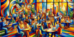 A happy diverse workplace in the fauvist art style